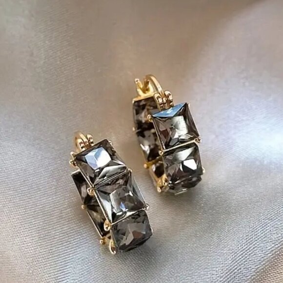 Gold Tone Huggie Earrings w/ Black Princess Cut Stones and Tons of Bling #1491 - Picture 2 of 4